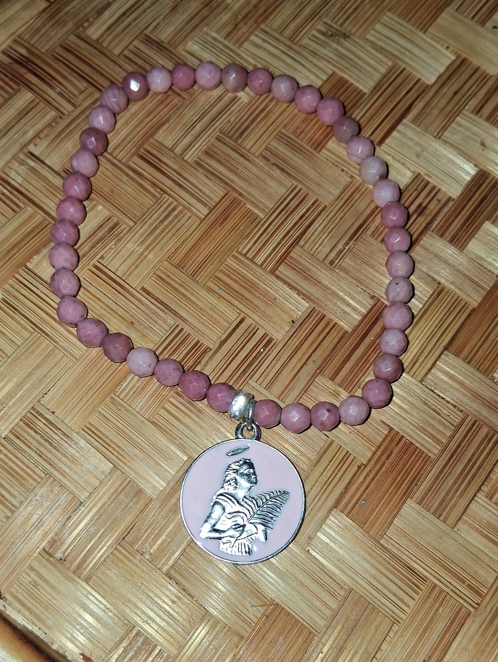 St. Agatha Rhodonite Faceted Sterling Silver Charm Bracelet 4mm